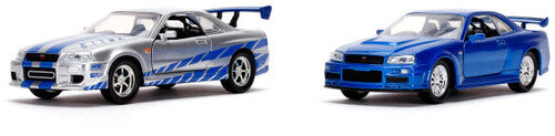 Fast & Furious - 1:32 Brian's Nissan Skyline GT-R R34 & Nissan GT-R R34 Die-Cast Cars 2-Pack (Silver, Blue)