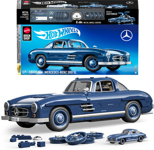 Mattel Brick Shop Hot Wheels Premium Series Mercedes-Benz 300Sl, Includes 1 Collectible Diecast Car, 1600 Piece Collectible Building Toy Set