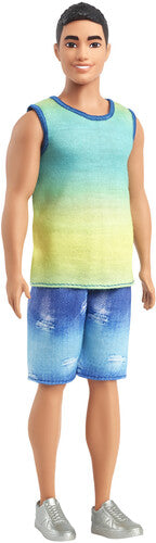 Barbie Ken Fashionista with Black Hair, Wearing Blue and Green Ombre Tank with Jean Shorts and Silver Sneakers