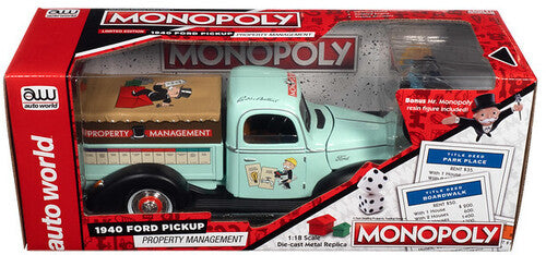 Auto World Monopoly 1940 Ford Property Management Truck w/Resin Figure - Light Green & Flat Black w/Monopoly Graphics 1/18 Scale Diecast