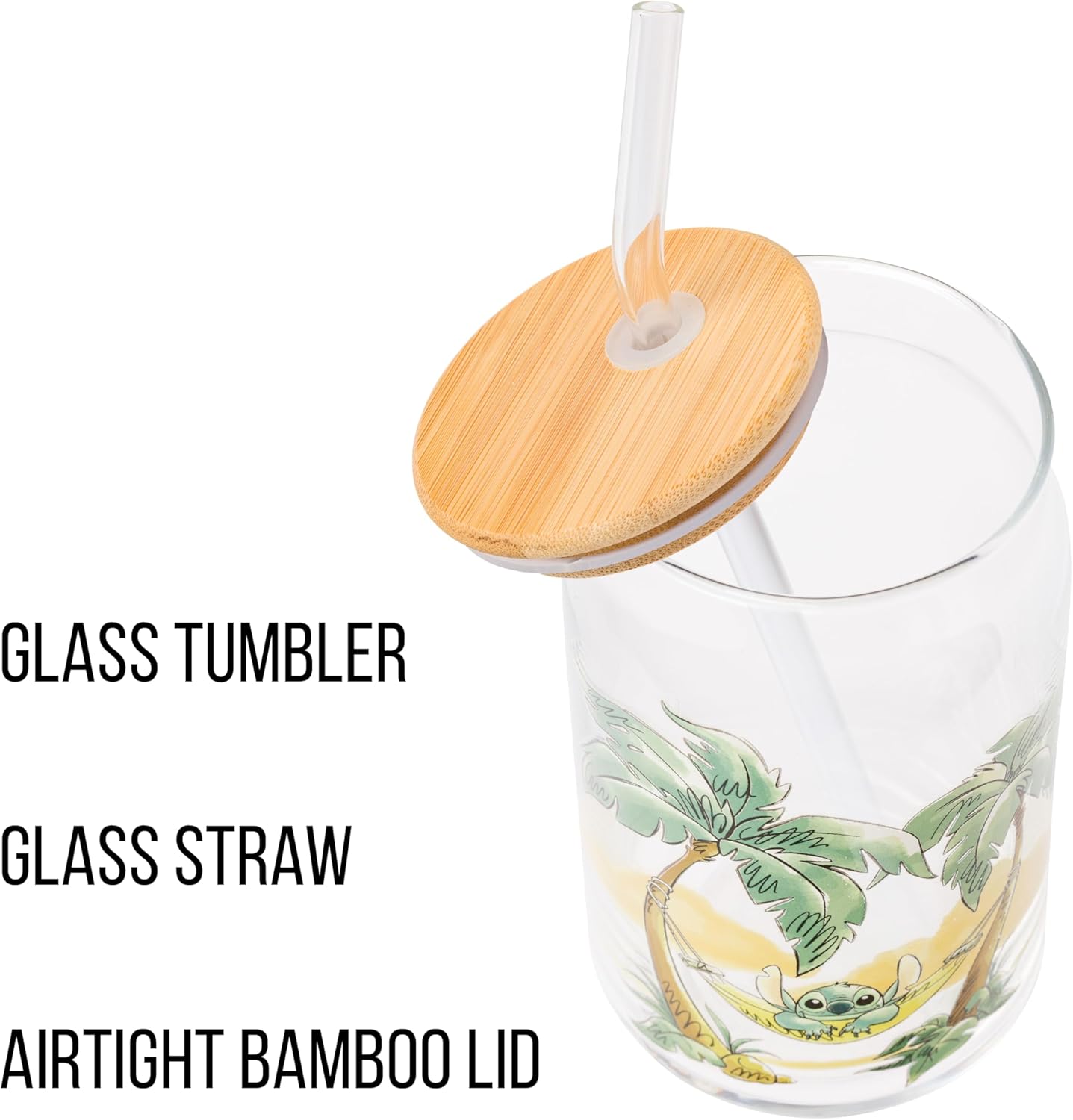 Disney Lilo & Stitch Relaxing Chilling in Hammock Island Glass Jar Tumbler with Bamboo Lid