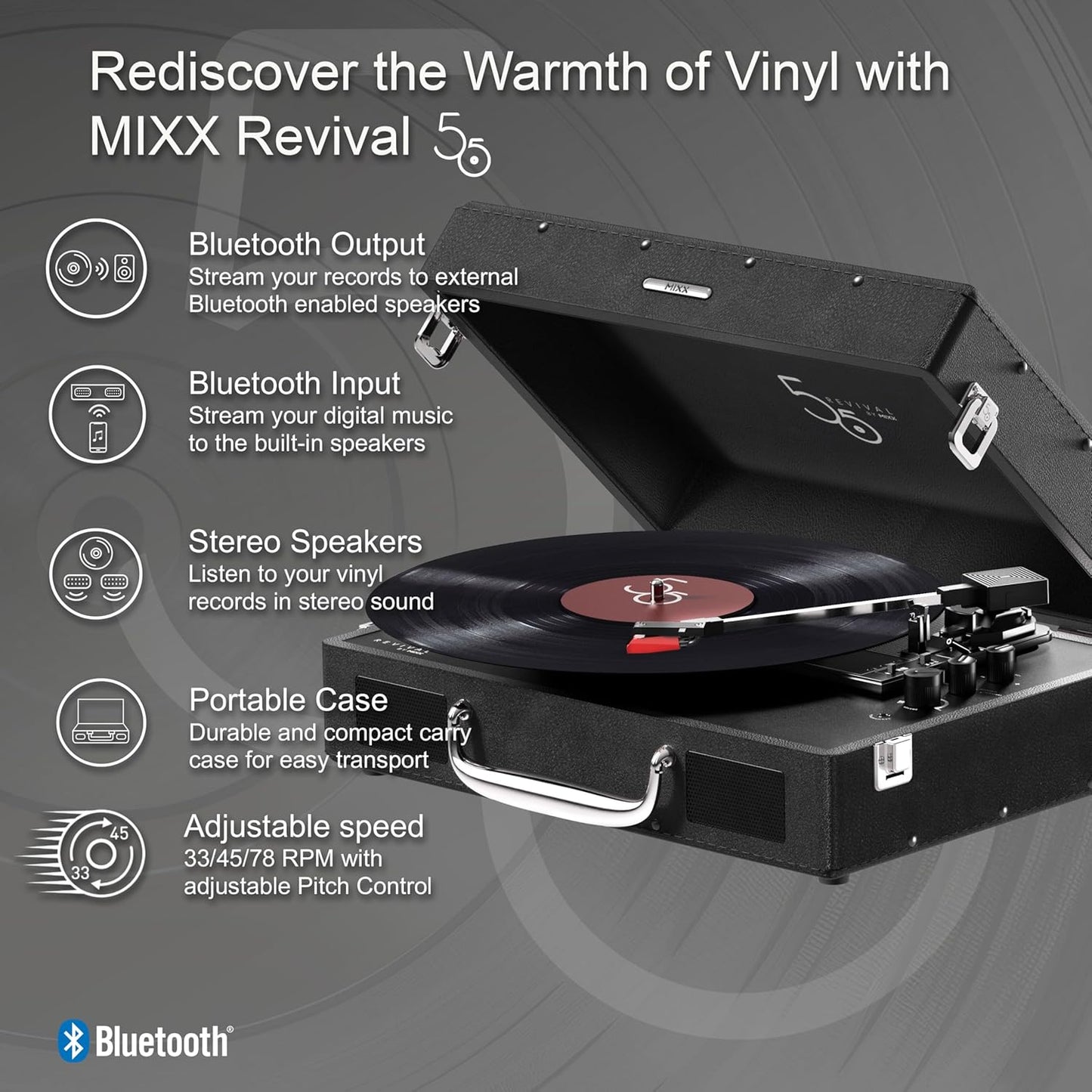 Mixx Revival 55 Portable Suitcase Vinyl Record Player with Built-in Stereo Speakers