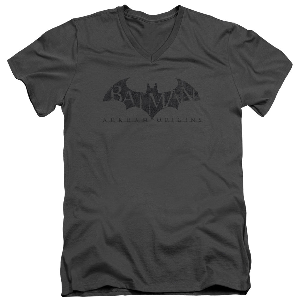 Batman Arkham Origins - Crackle Logo - Short Sleeve Adult V-neck - Charcoal T-shirt