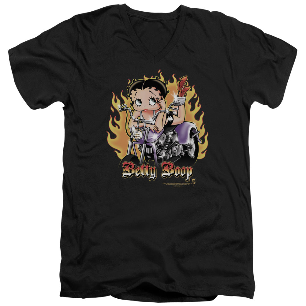 Betty Boop - Biker Flames Boop - Short Sleeve Adult V-neck - Black T-shirt
