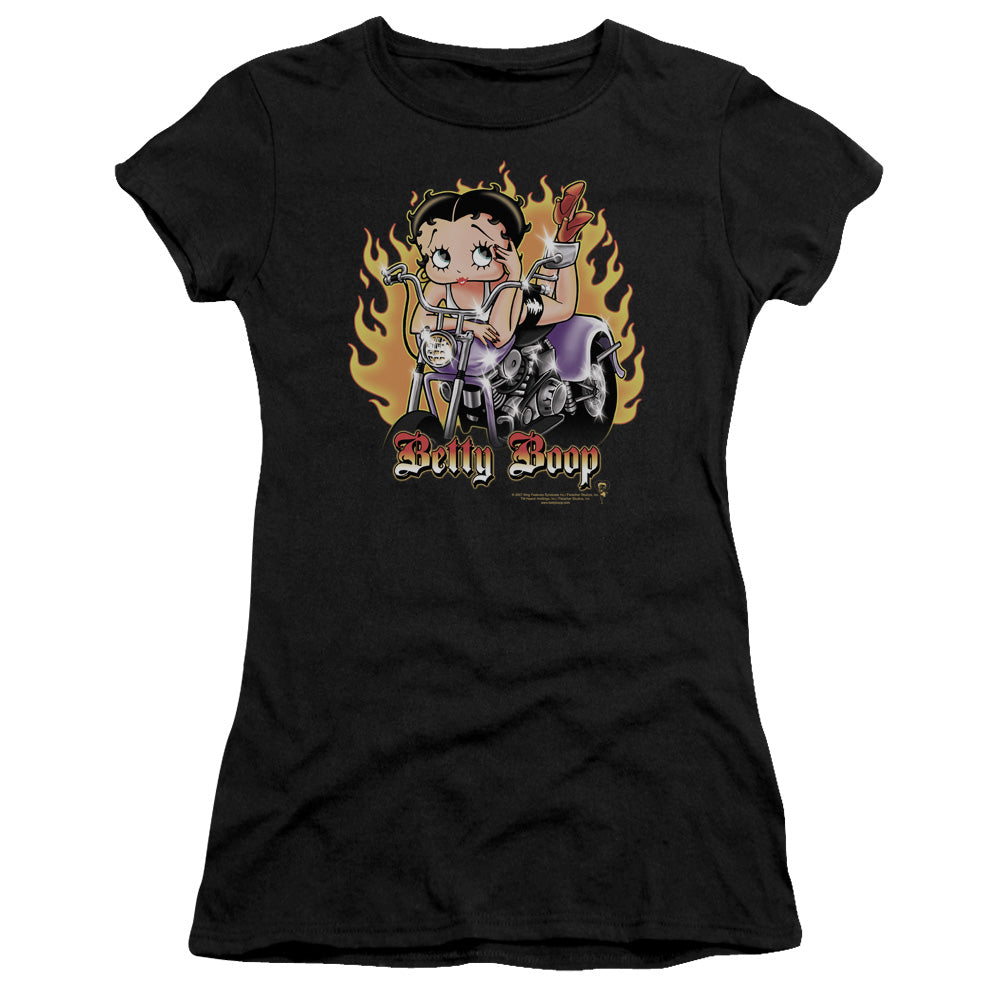 Betty Boop - Biker Flames Boop - Short Sleeve Junior Sheer - Black T-shirt