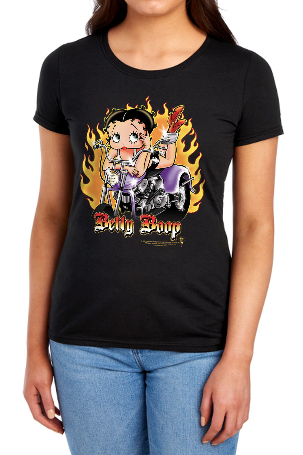 Betty Boop - Biker Flames Boop - Short Sleeve Womens Tee - Black T-shirt