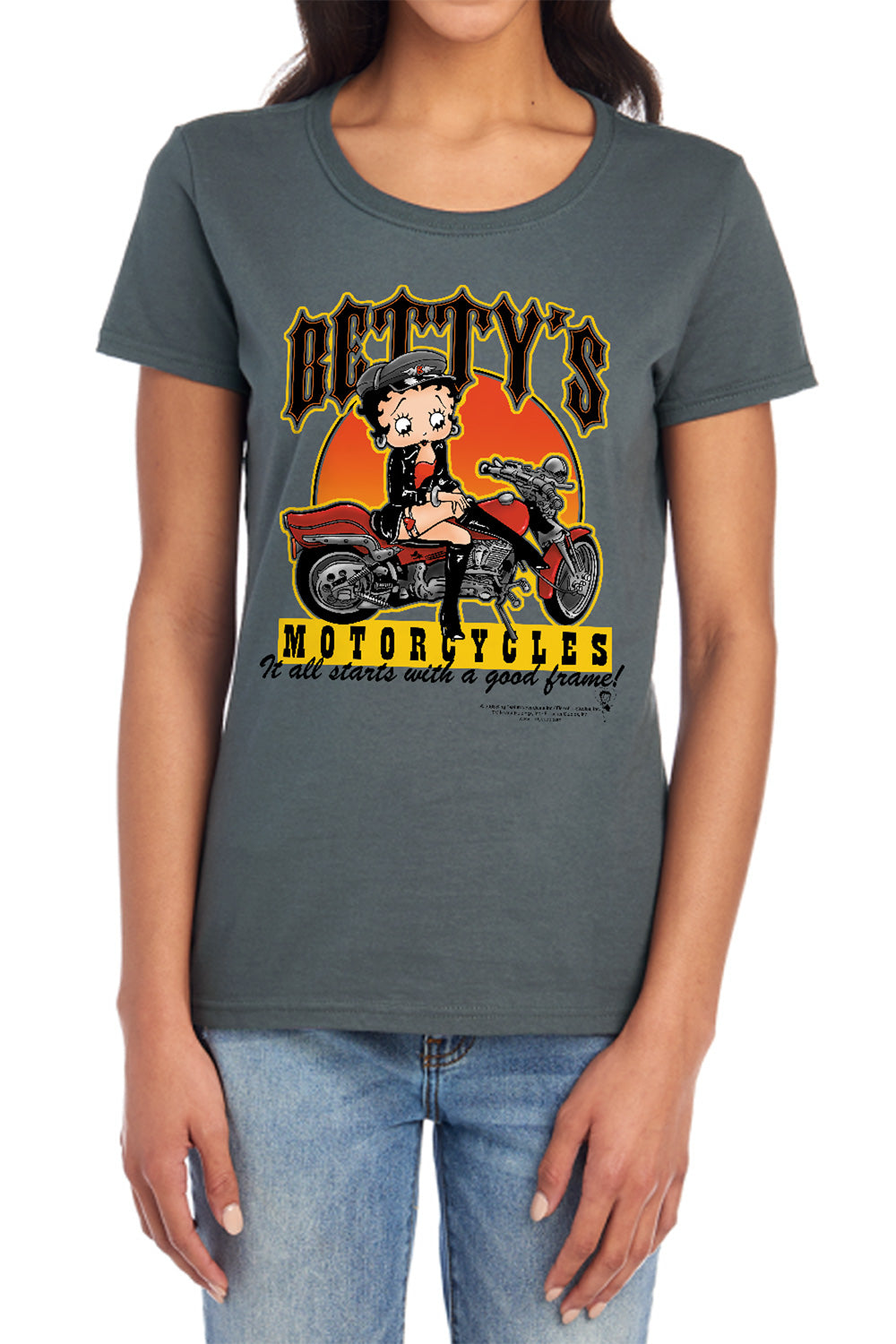 Betty Boop - Bettys Motorcycles - Short Sleeve Womens Tee - Charcoal T-shirt