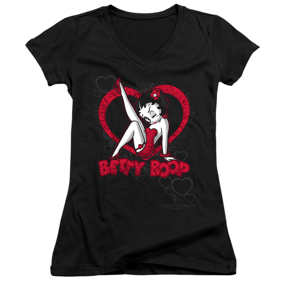 Betty Boop - Scrolling Hearts - Junior V-neck - Black