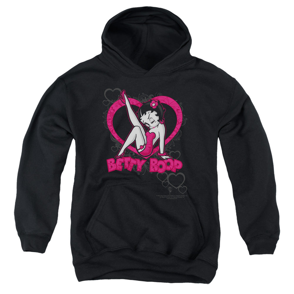 Betty Boop - Scrolling Hearts - Youth Pull-over Hoodie - Black