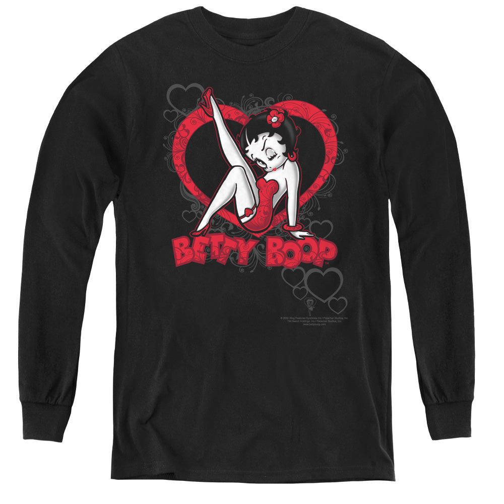 Betty Boop - Scrolling Hearts - Youth Long Sleeve Tee - Black