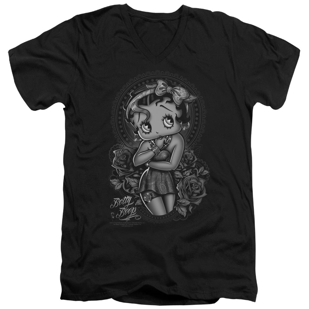 Betty Boop - Fashion Roses - Short Sleeve Adult V-neck - Black T-shirt