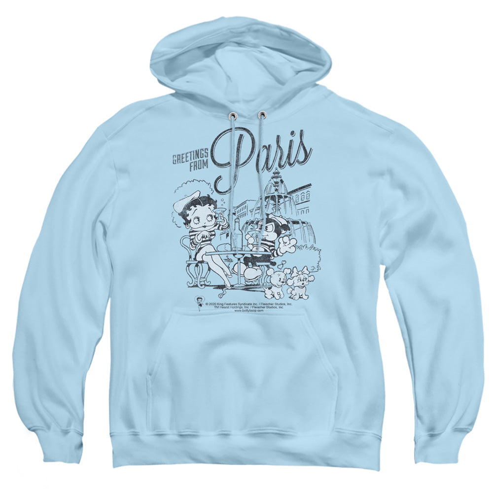 Betty Boop - Greetings From Paris - Adult Pull-over Hoodie - Light Blue