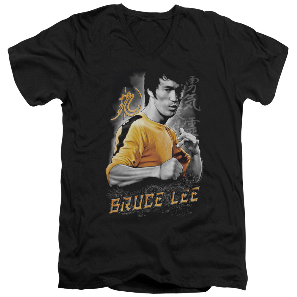 Bruce Lee - Yellow Dragon - Short Sleeve Adult V-neck 30/1 - Black T-shirt