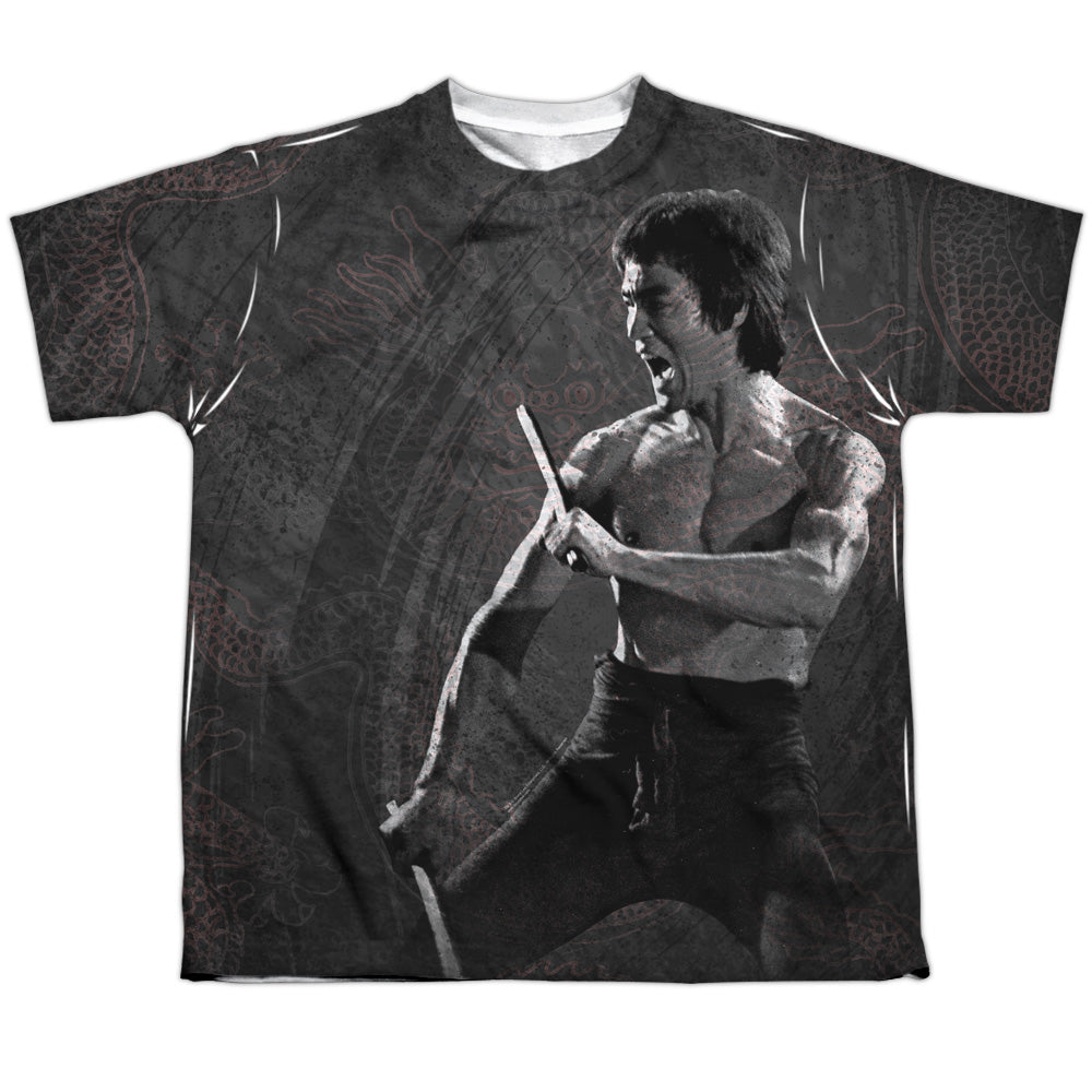 Bruce Lee - Dragon Print - Short Sleeve Youth Poly Crew - White T-shirt