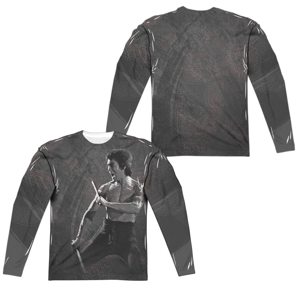 Bruce Lee - Dragon Print (Front/back Print) - Long Sleeve Adult Poly Crew - White T-shirt