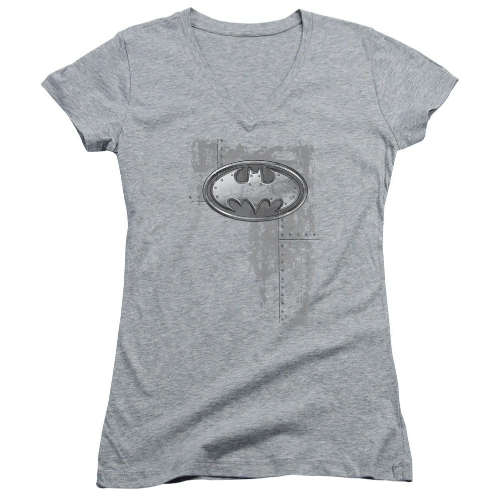 Batman - Rivited Metal Logo - Junior V-neck - Athletic Heather