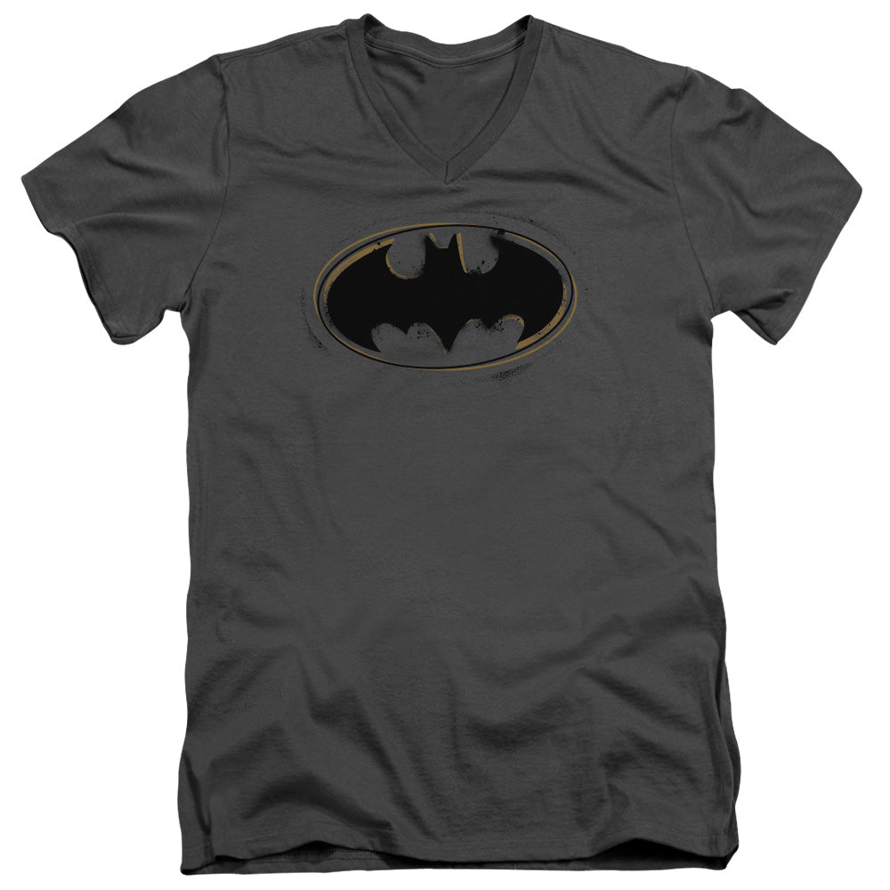 Batman - Spray Paint Logo - Short Sleeve Adult V-neck - Charcoal T-shirt