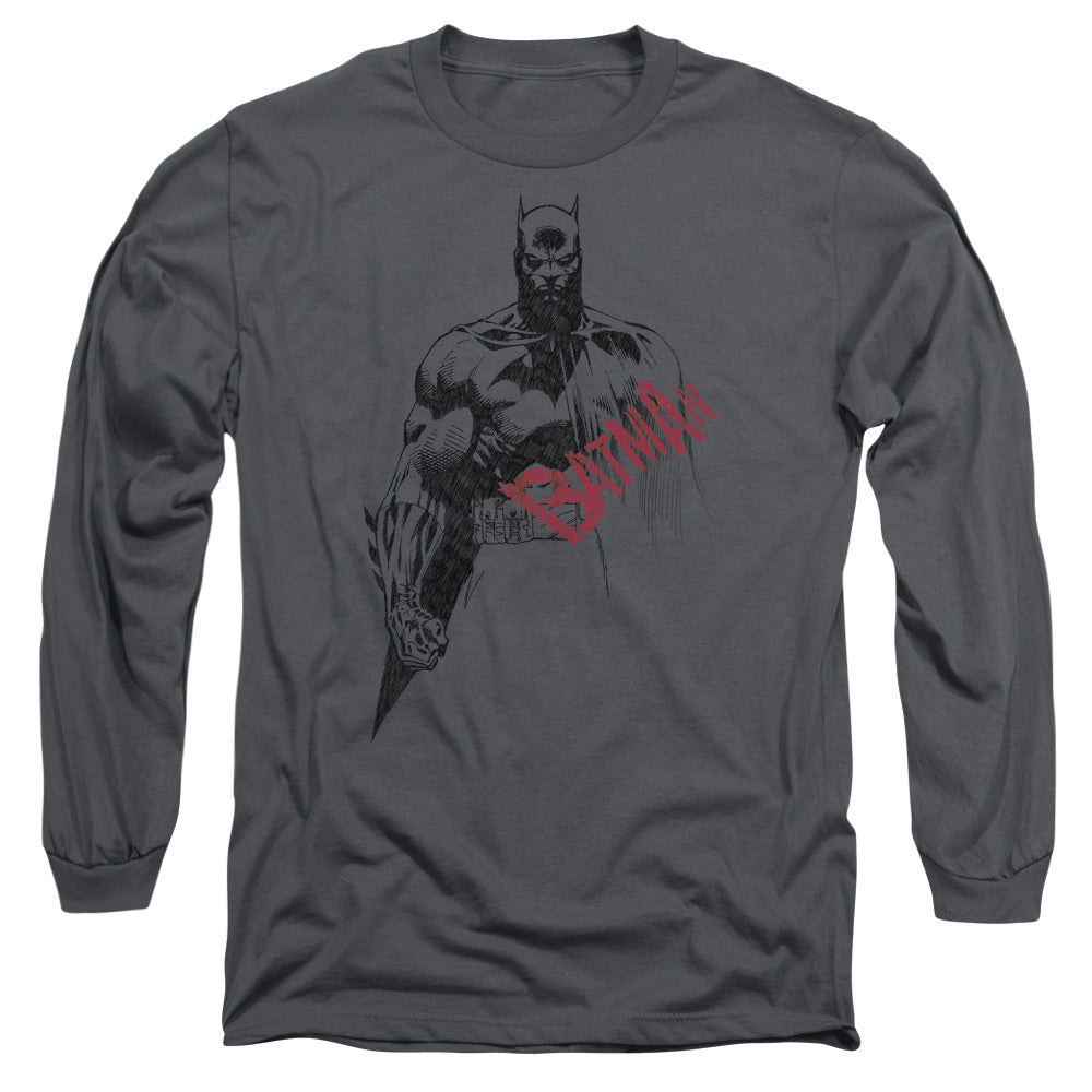 Batman - Sketch Bat Red Logo - Long Sleeve Adult 18/1 - Charcoal T-shirt