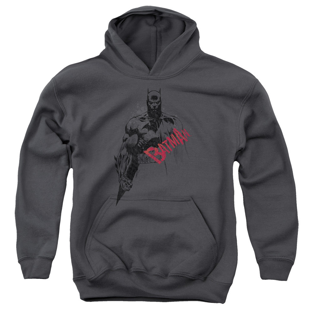 Batman - Sketch Bat Red Logo - Youth Pull-over Hoodie - Charcoal
