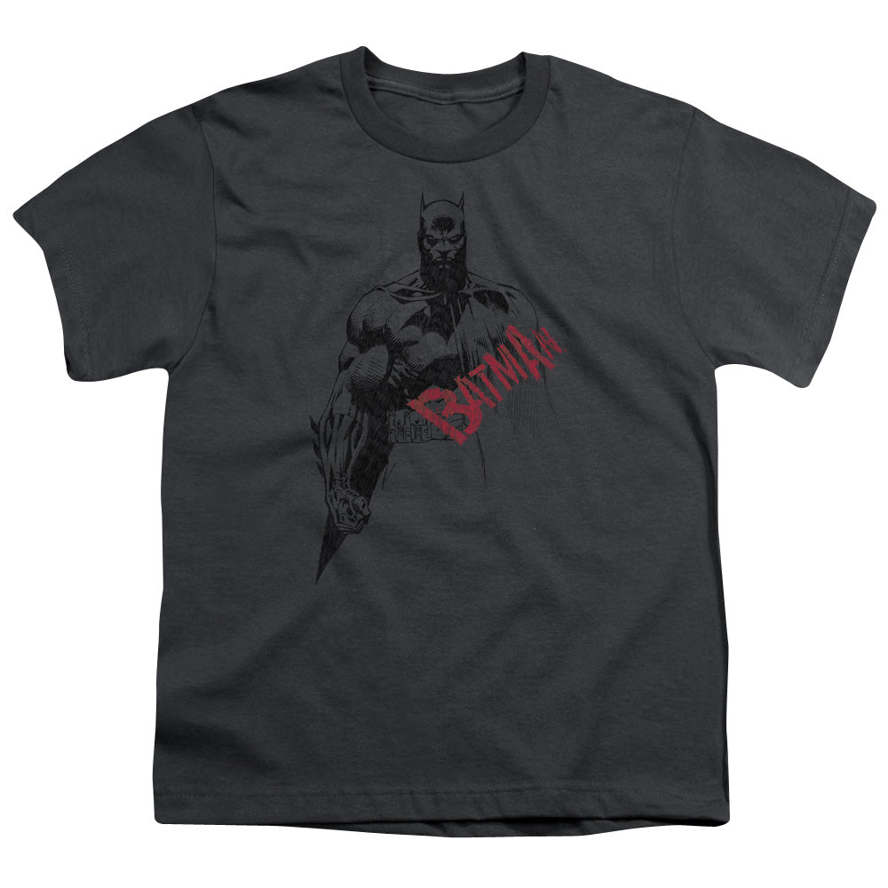 Batman - Sketch Bat Red Logo - Short Sleeve Youth 18/1 - Charcoal T-shirt