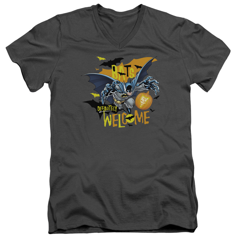 Batman - Bats Welcome - Short Sleeve Adult V-neck - Charcoal T-shirt