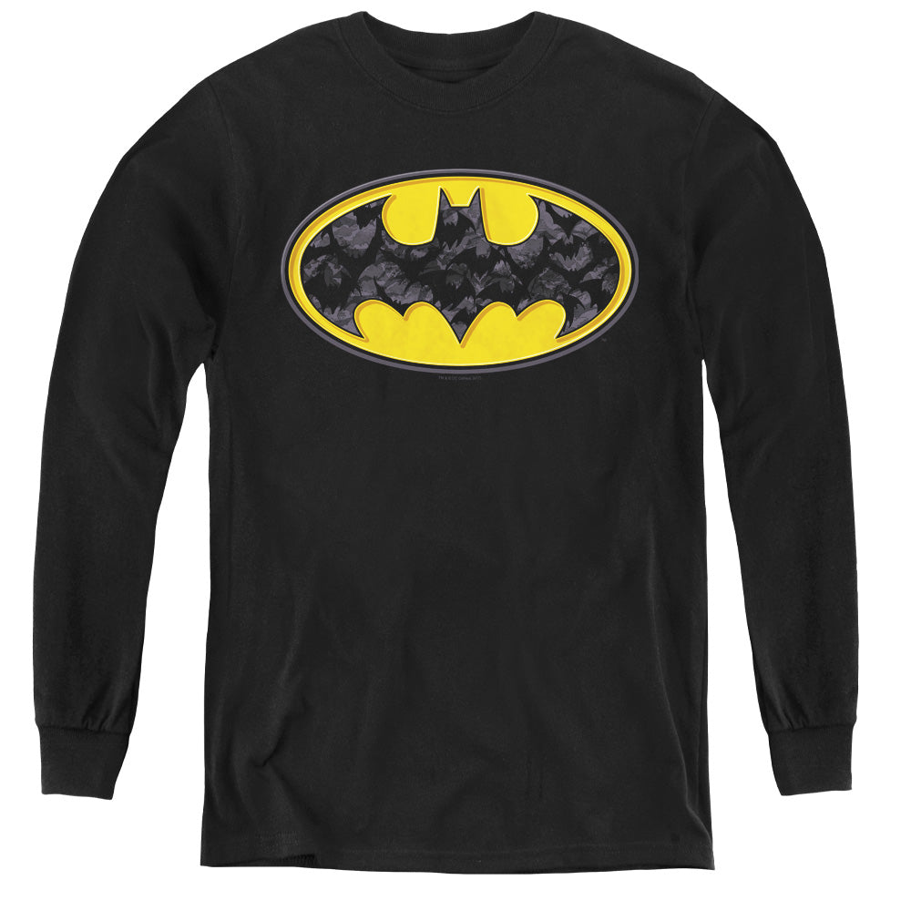 Batman - Bats In Logo - Youth Long Sleeve Tee - Black