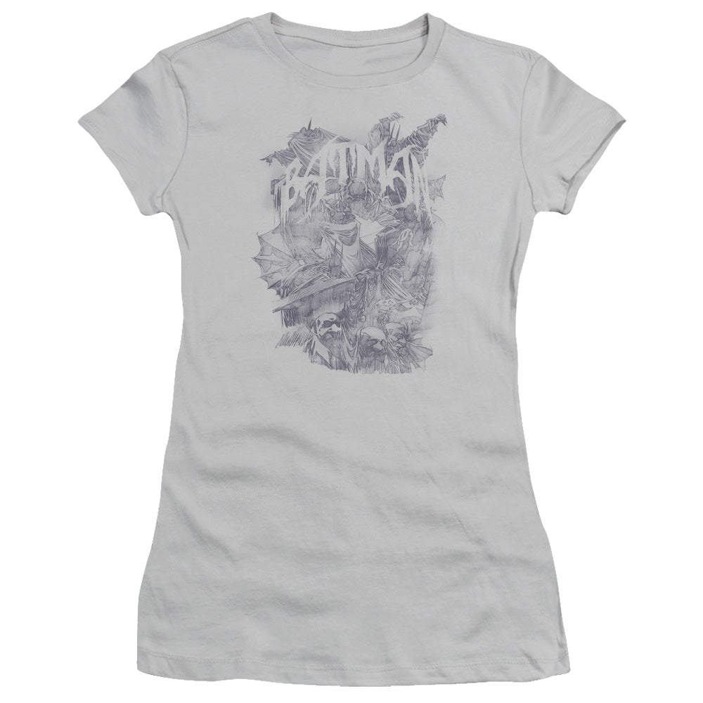 Batman - Pencil Bat Collage - Short Sleeve Junior Sheer - Silver T-shirt