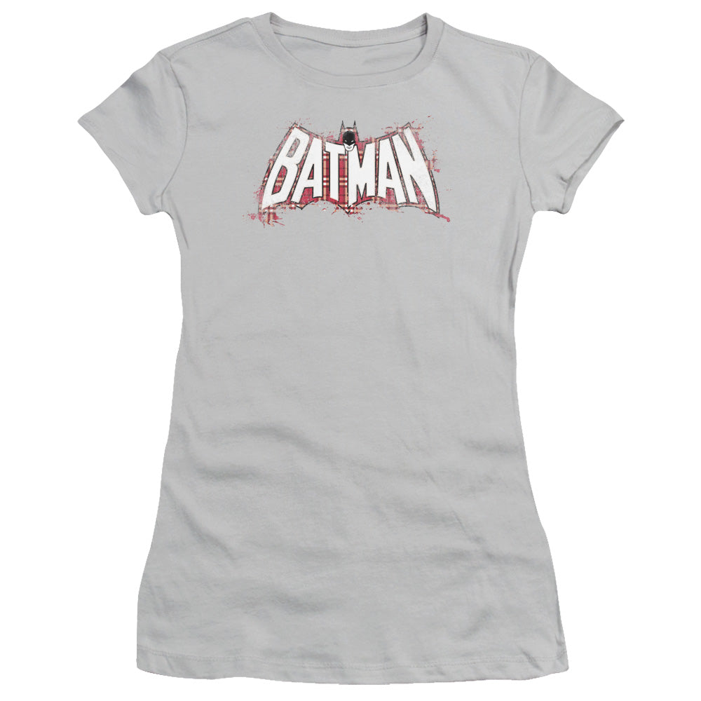 Batman - Plaid Splat Logo - Short Sleeve Junior Sheer - Silver T-shirt