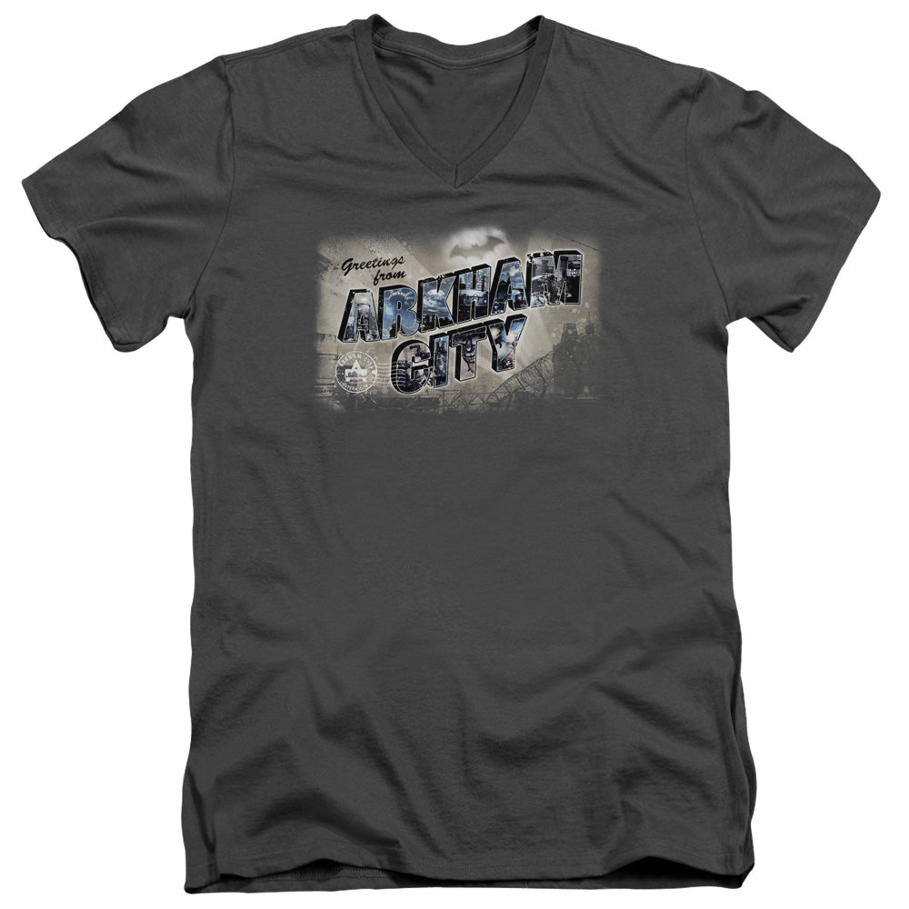 Arkham City - Greetings From Arkham - Short Sleeve Adult V-neck - Charcoal T-shirt