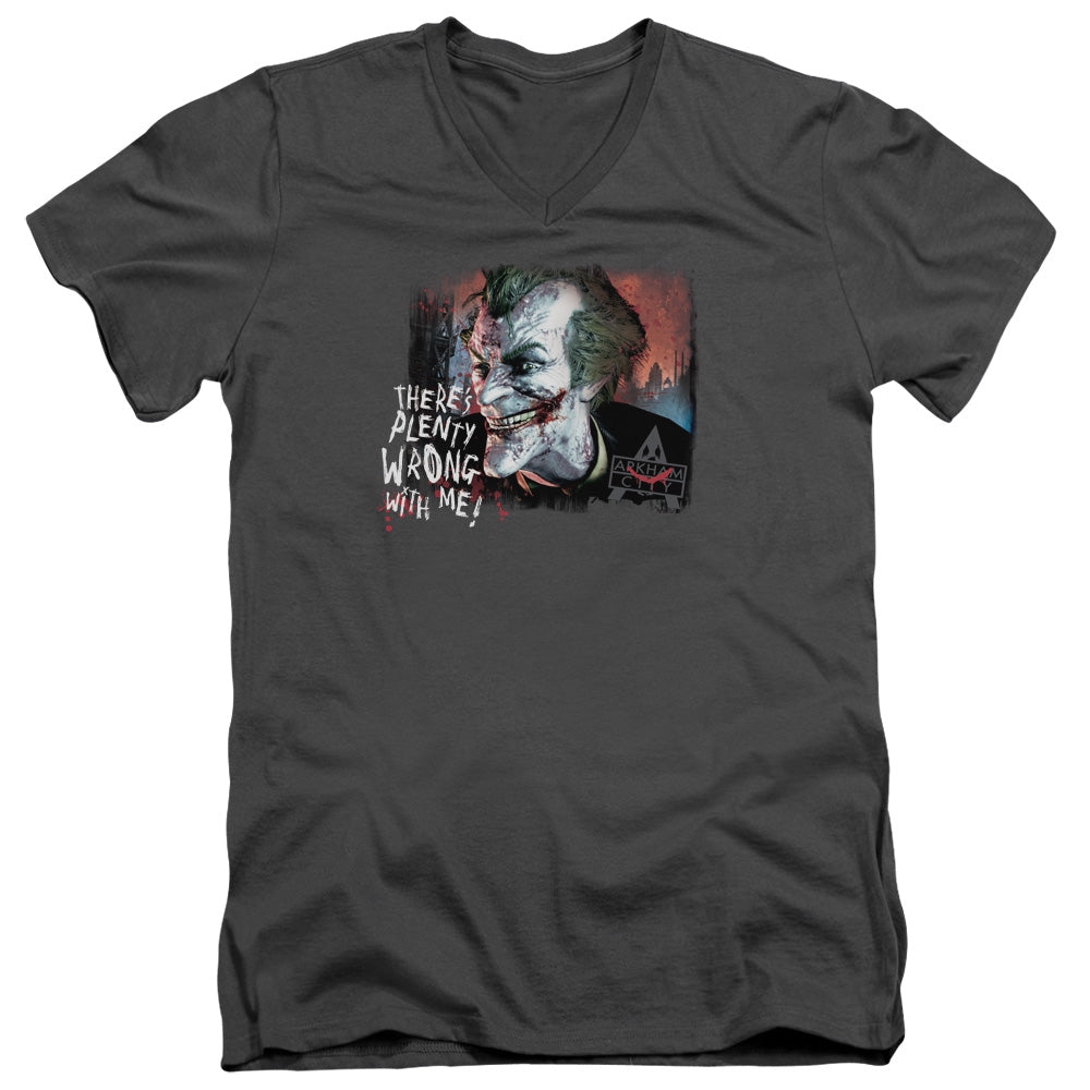 Arkham City - Plenty Wrong - Short Sleeve Adult V-neck - Charcoal T-shirt