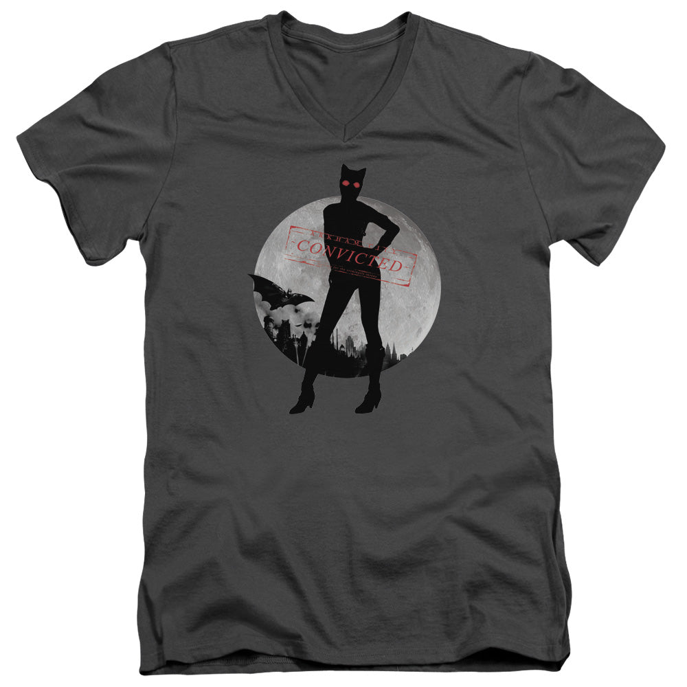 Arkham City - Catwoman Convicted - Short Sleeve Adult V-neck - Charcoal T-shirt