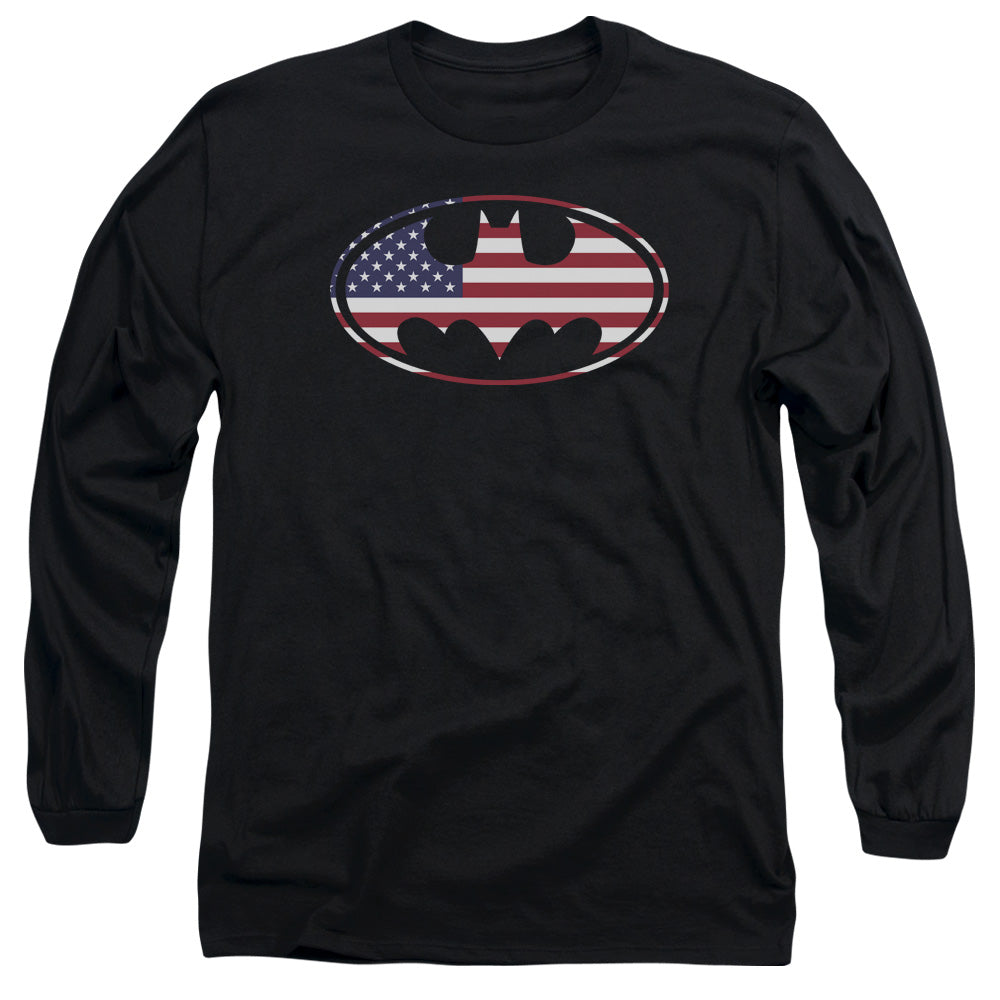 Batman - American Flag Oval - Long Sleeve Adult 18/1 - Black T-shirt