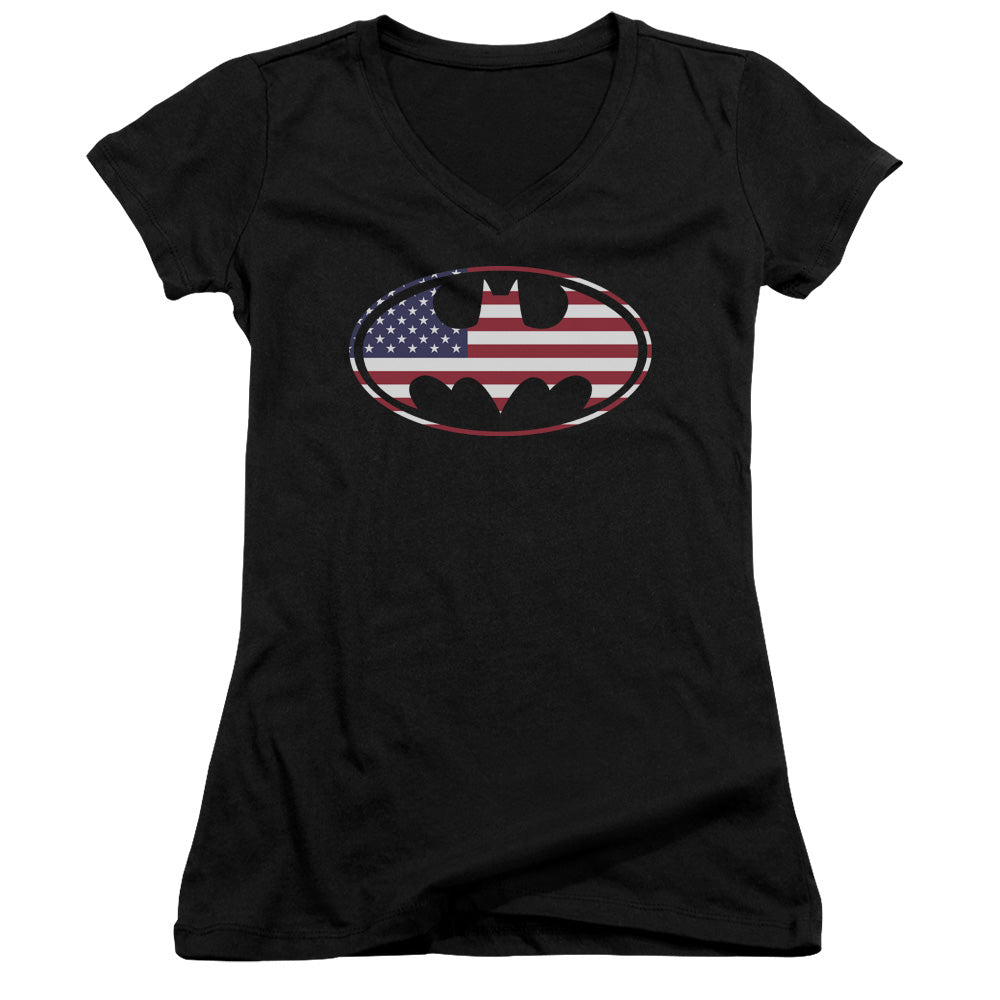 Batman American Flag Oval - Junior V-neck - Black
