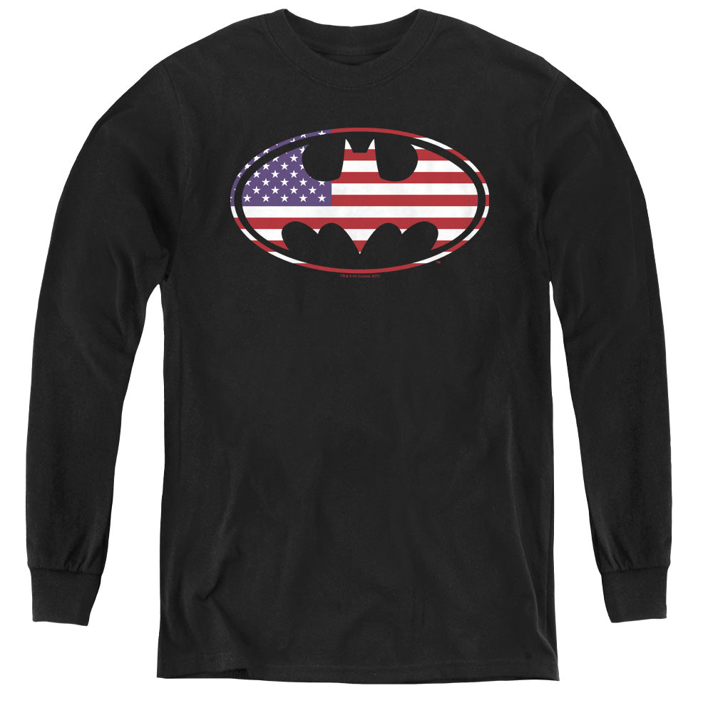 Batman - American Flag Oval - Youth Long Sleeve Tee - Black