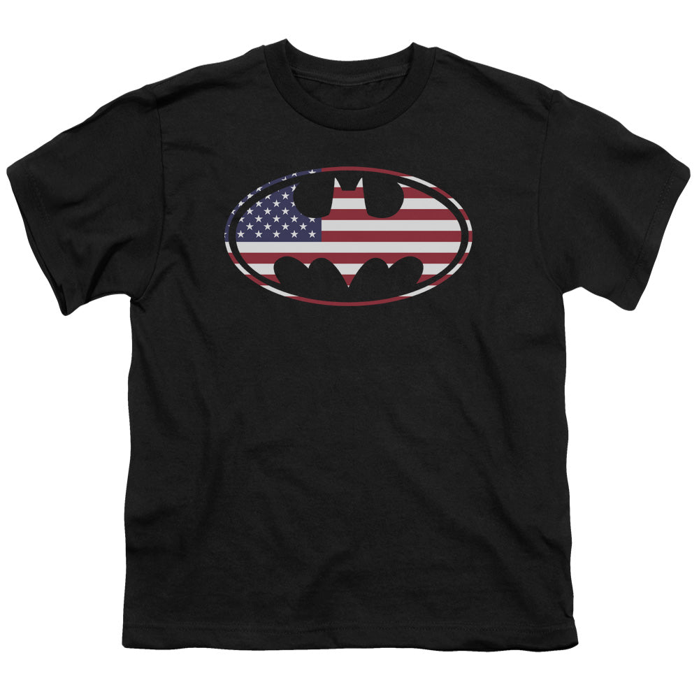 Batman - American Flag Oval - Short Sleeve Youth 18/1 - Black T-shirt