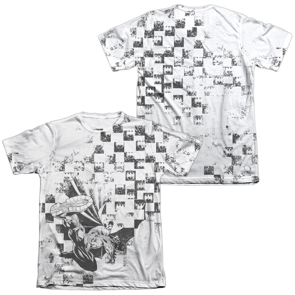 Batman - Checkerboard Kick (Front/back Print) - Adult 65/35 Poly/cotton Short Sleeve Tee - White T-shirt