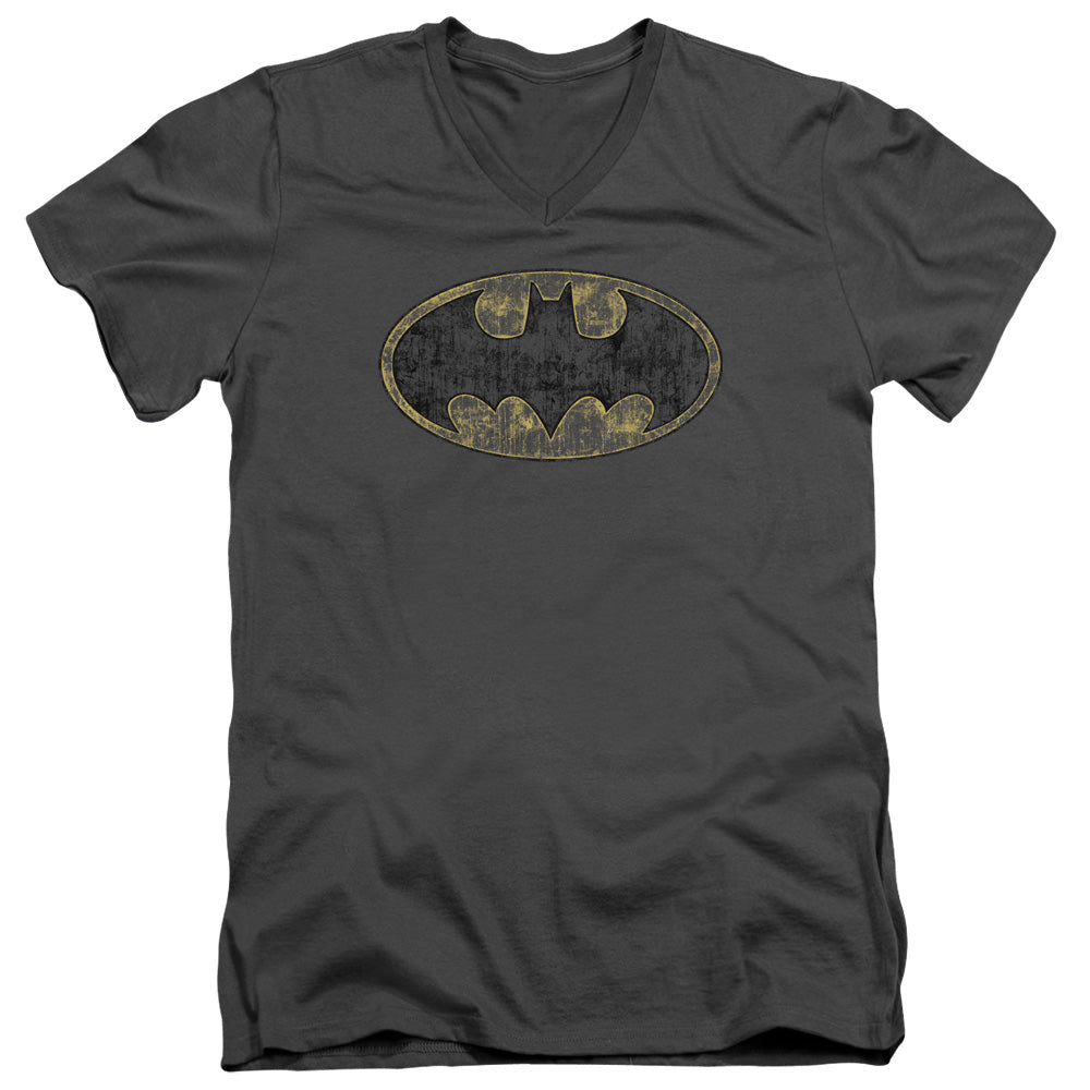 Batman - Tattered Logo - Short Sleeve Adult V-neck 30/1 - Charcoal T-shirt