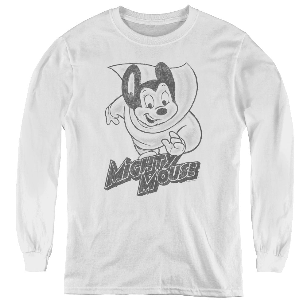 Mighty Mouse - Mighty Sketch - Youth Long Sleeve Tee - White