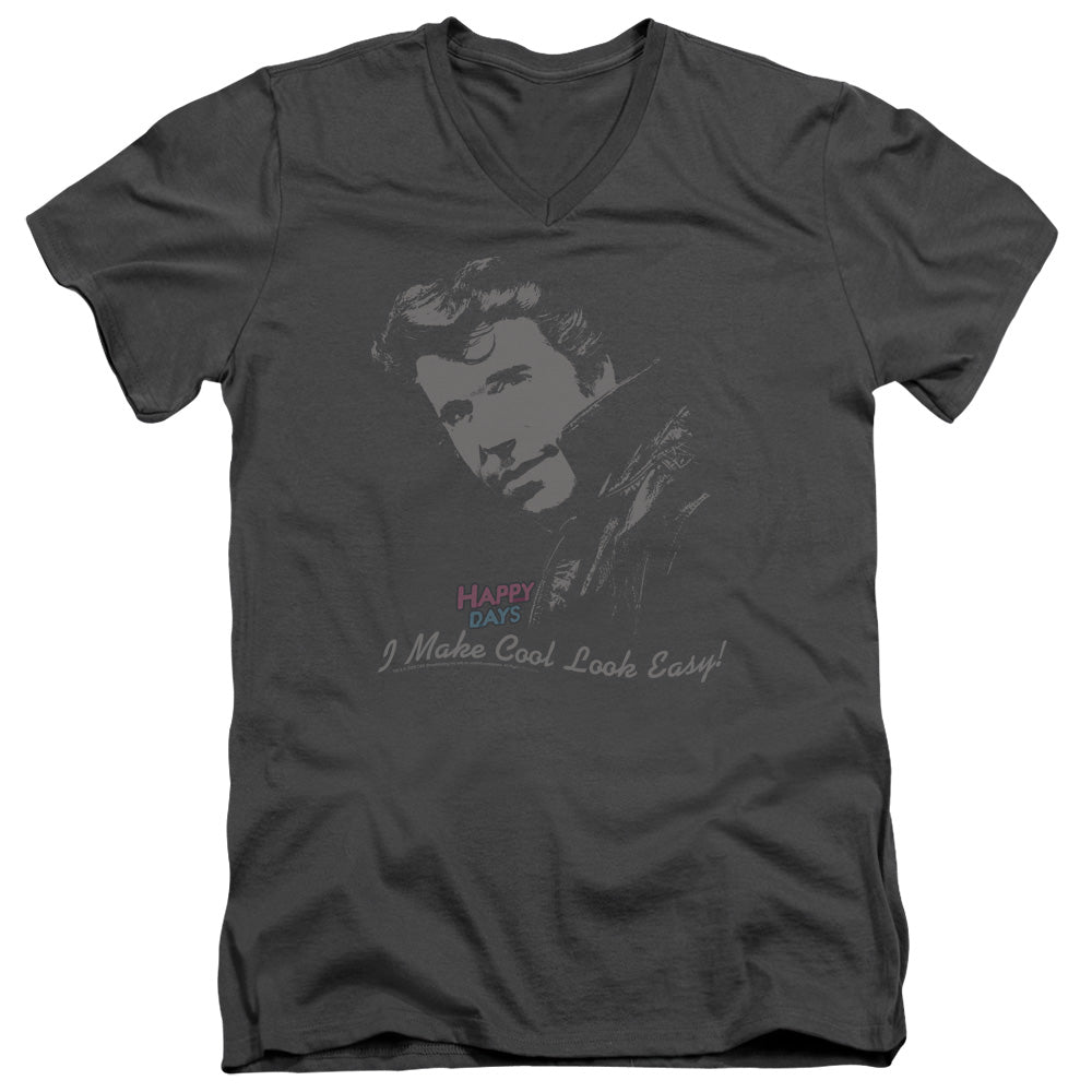 Happy Days - Cool Fonz - Short Sleeve Adult V-neck - Charcoal T-shirt