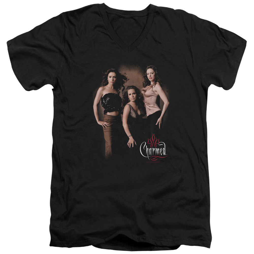 Charmed - Three Hot Witches - Short Sleeve Adult V-neck - Black T-shirt