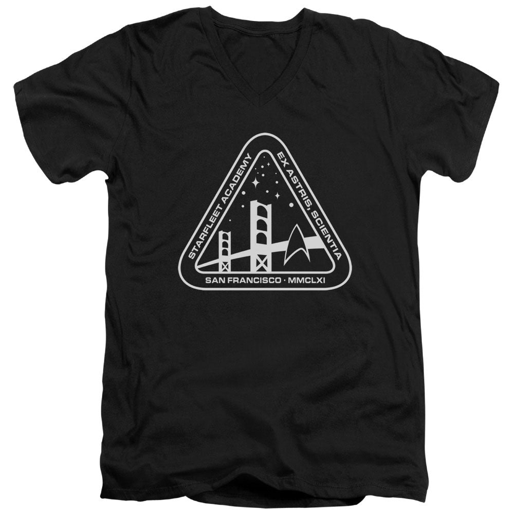 Star Trek - White Academy Logo - Short Sleeve Adult V-neck - Black T-shirt