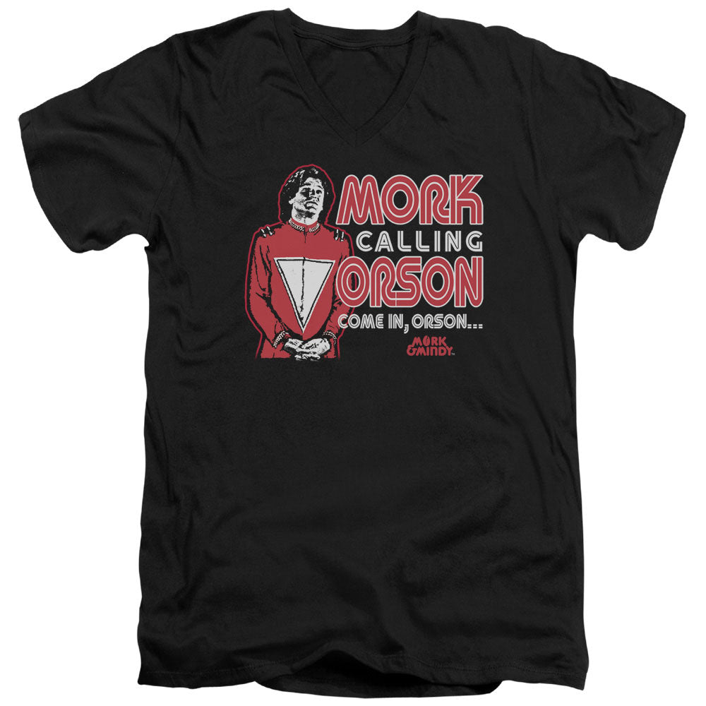 Mork & Mindy - Mork Calling Orson - Short Sleeve Adult V-neck - Black T-shirt