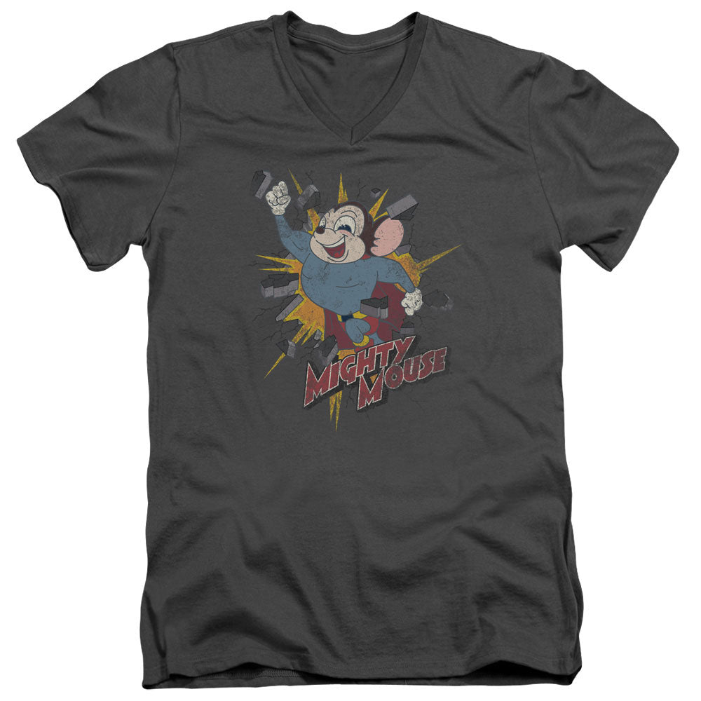 Mighty Mouse - Break Through - Short Sleeve Adult V-neck - Charcoal T-shirt