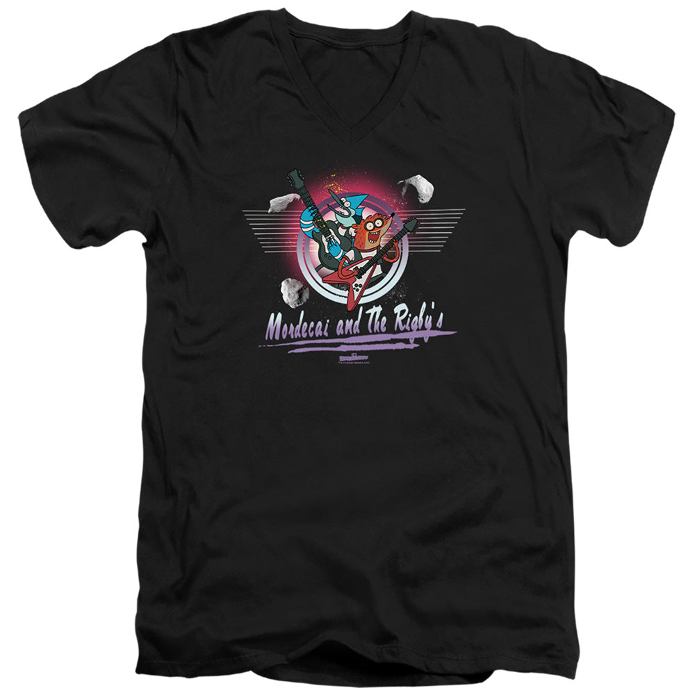 The Regular Show - Mordecai & The Rigbys - Short Sleeve Adult V-neck 30/1 - Black T-shirt