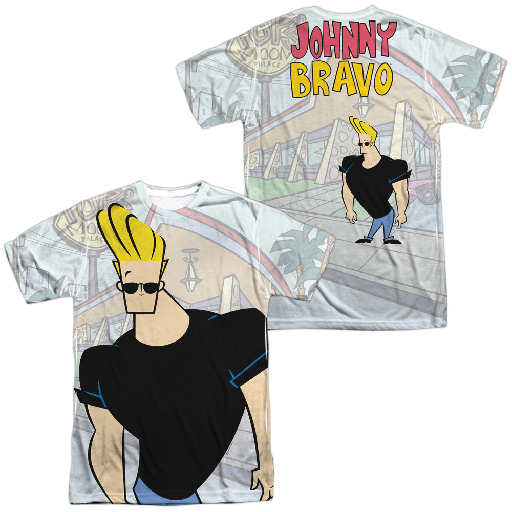 Johnny Bravo - Hanging Out (Front/back Print) - Short Sleeve Adult Poly Crew - White T-shirt