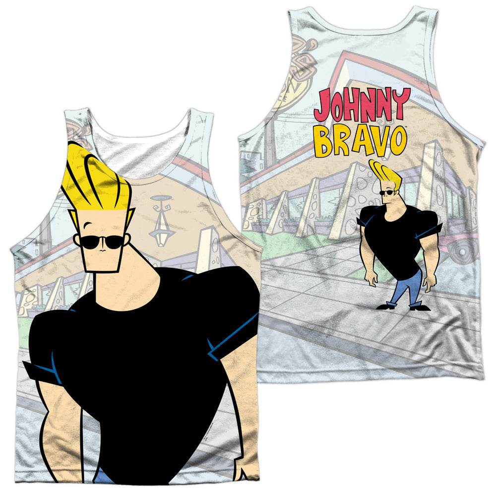 Johnny Bravo - Hanging Out (Front/back Print) - Adult 100% Poly Tank Top - White