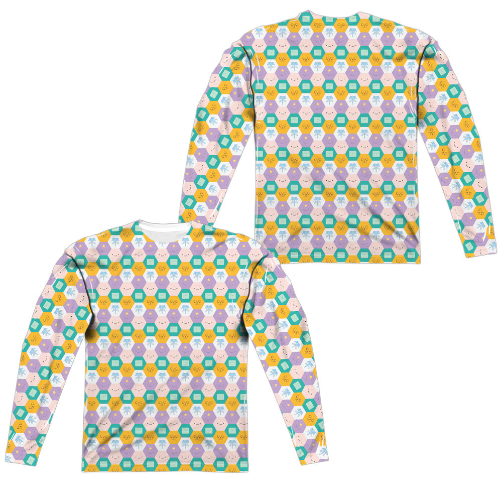 Adventure Time - Hexagon Pattern (Front/back Print) - Long Sleeve Adult Poly Crew - White T-shirt