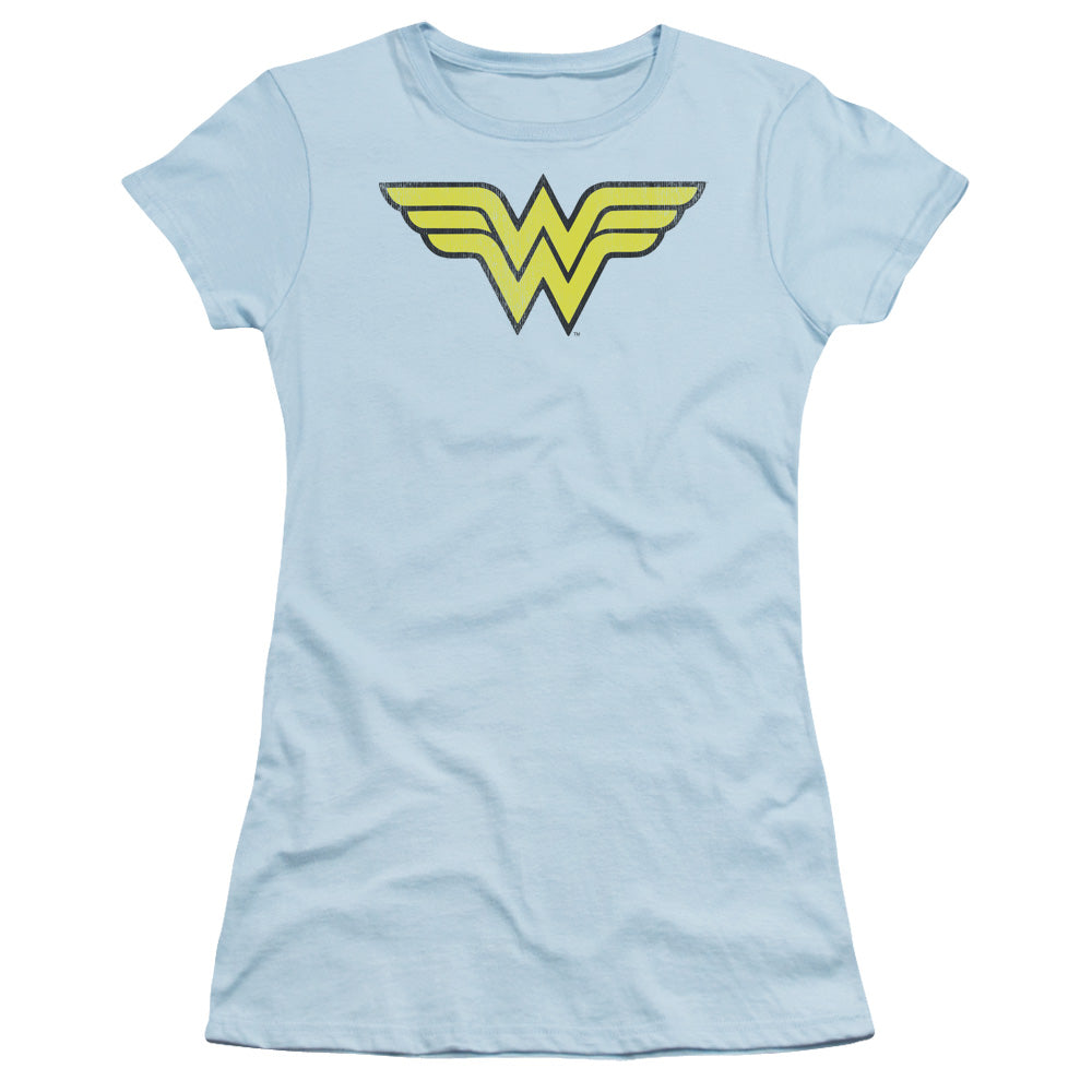 Dc Wonder Woman - Ww Logo Distressed - Short Sleeve Junior Sheer - Light Blue T-shirt