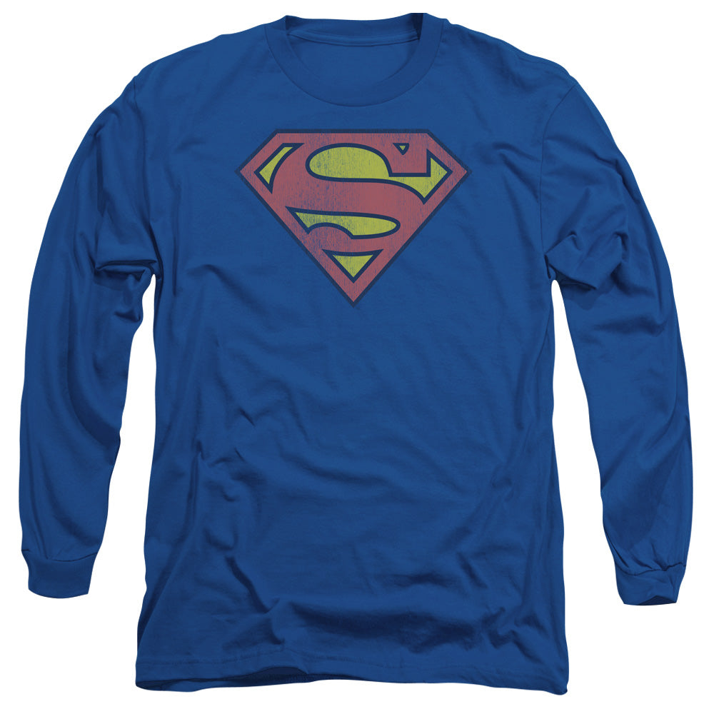 Dc - Retro Supes Logo Distressed - Long Sleeve Adult 18/1 - Royal Blue T-shirt