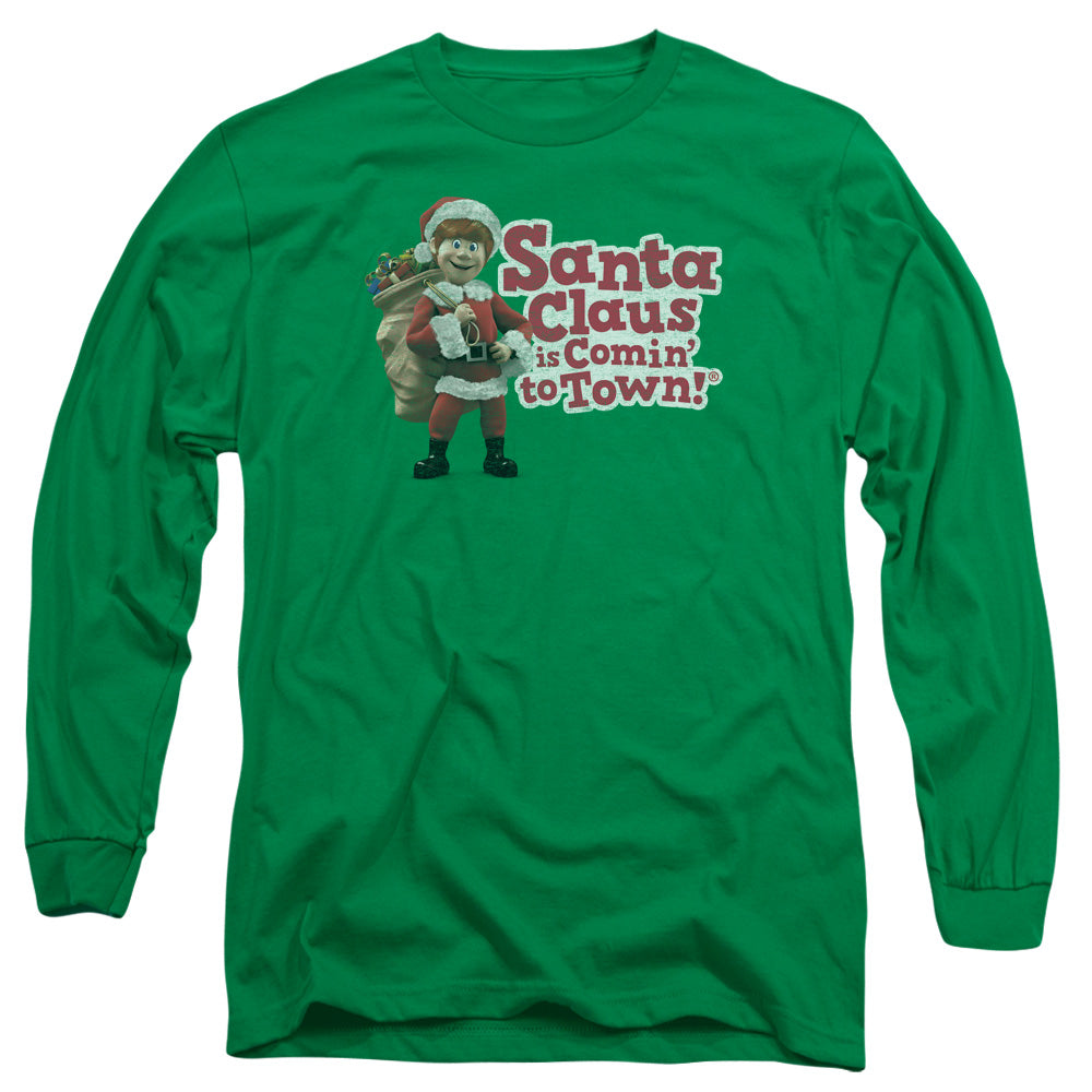 Santa Claus Is Comin To Town - Santa Logo - Long Sleeve Adult 18/1 - Kelly Green T-shirt